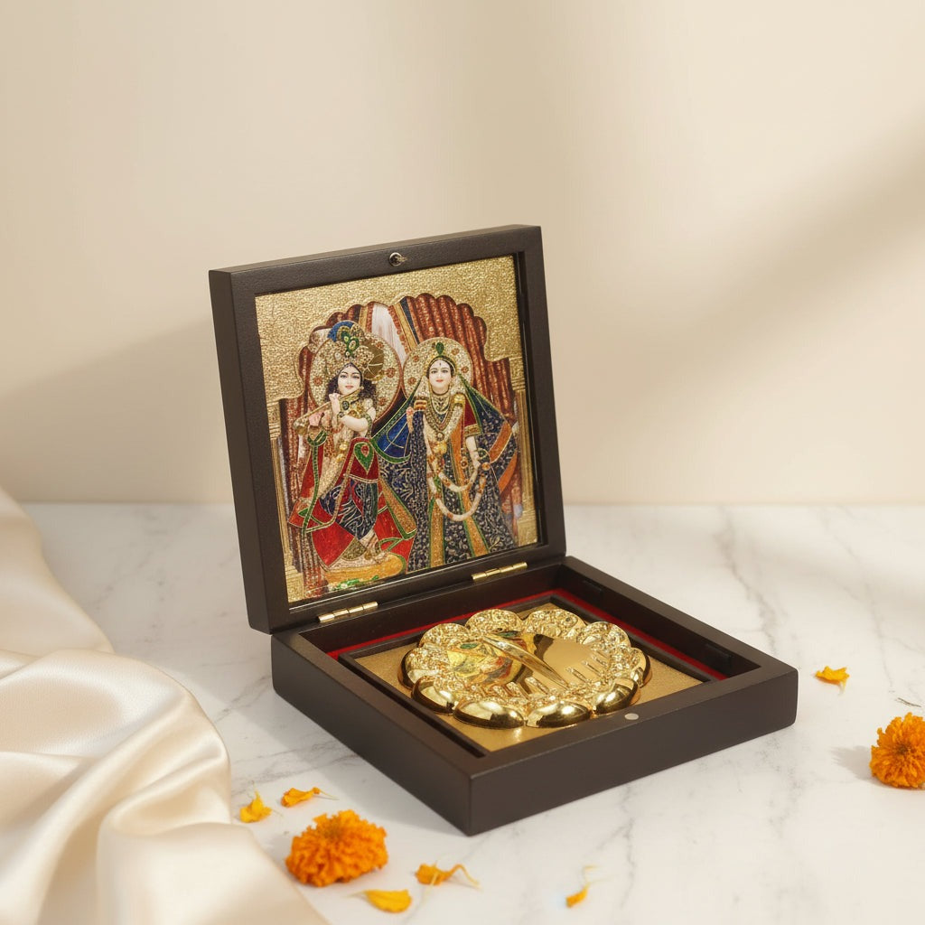 Eternal Love: Radha Krishna 99 Silver-Plated Charan Paduka Box