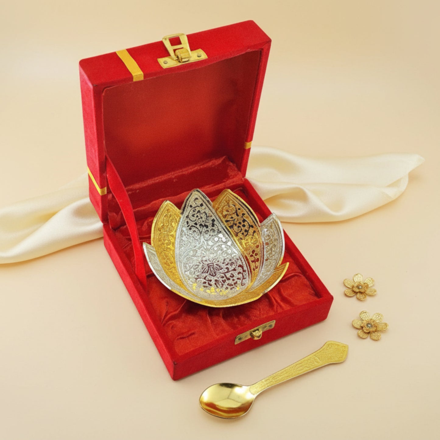 Silver–Gold Lotus Pooja Diya with Aarti Spoon – Gift Box Set