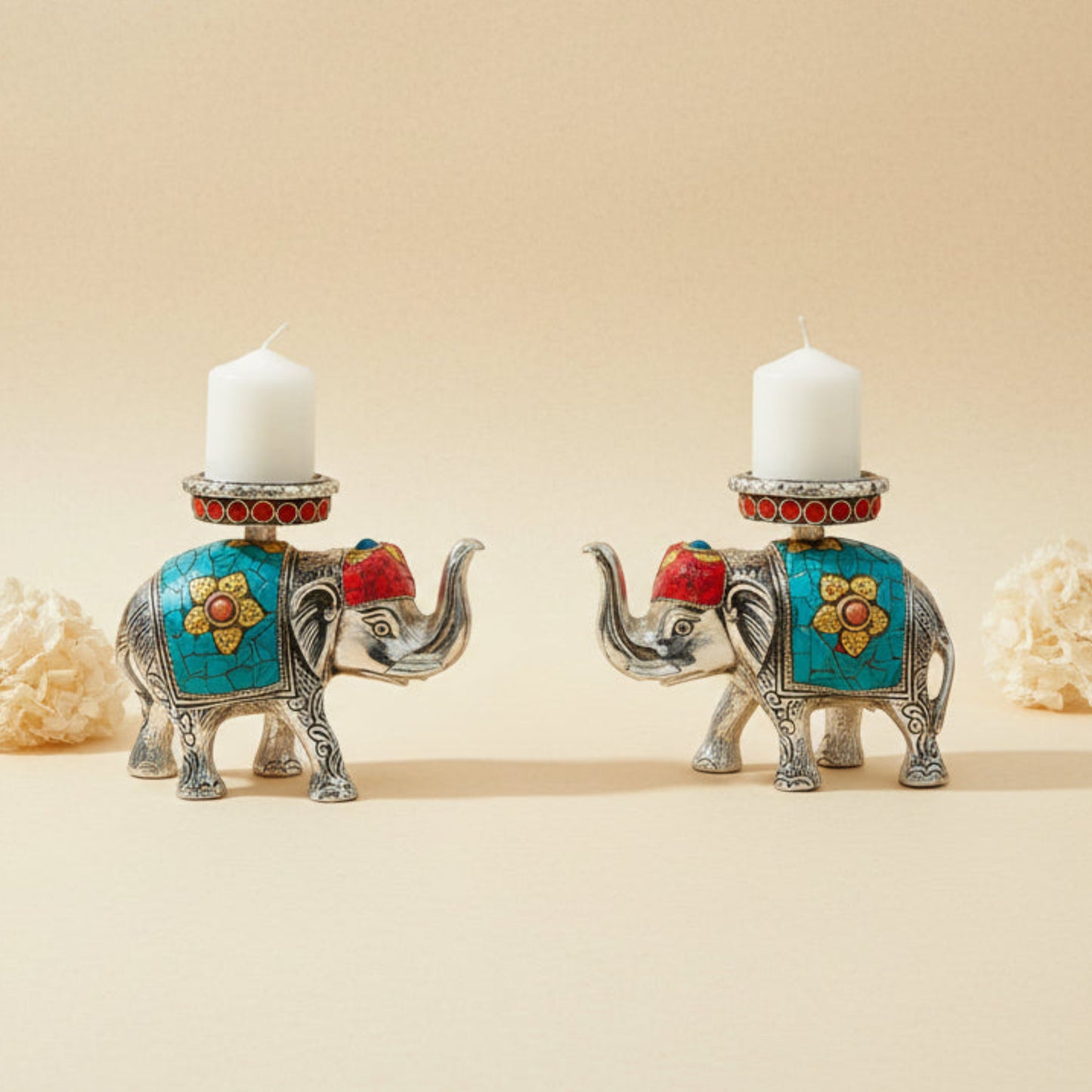 Handcrafted Meenakari Elephant Tealight Holder Set (Pa