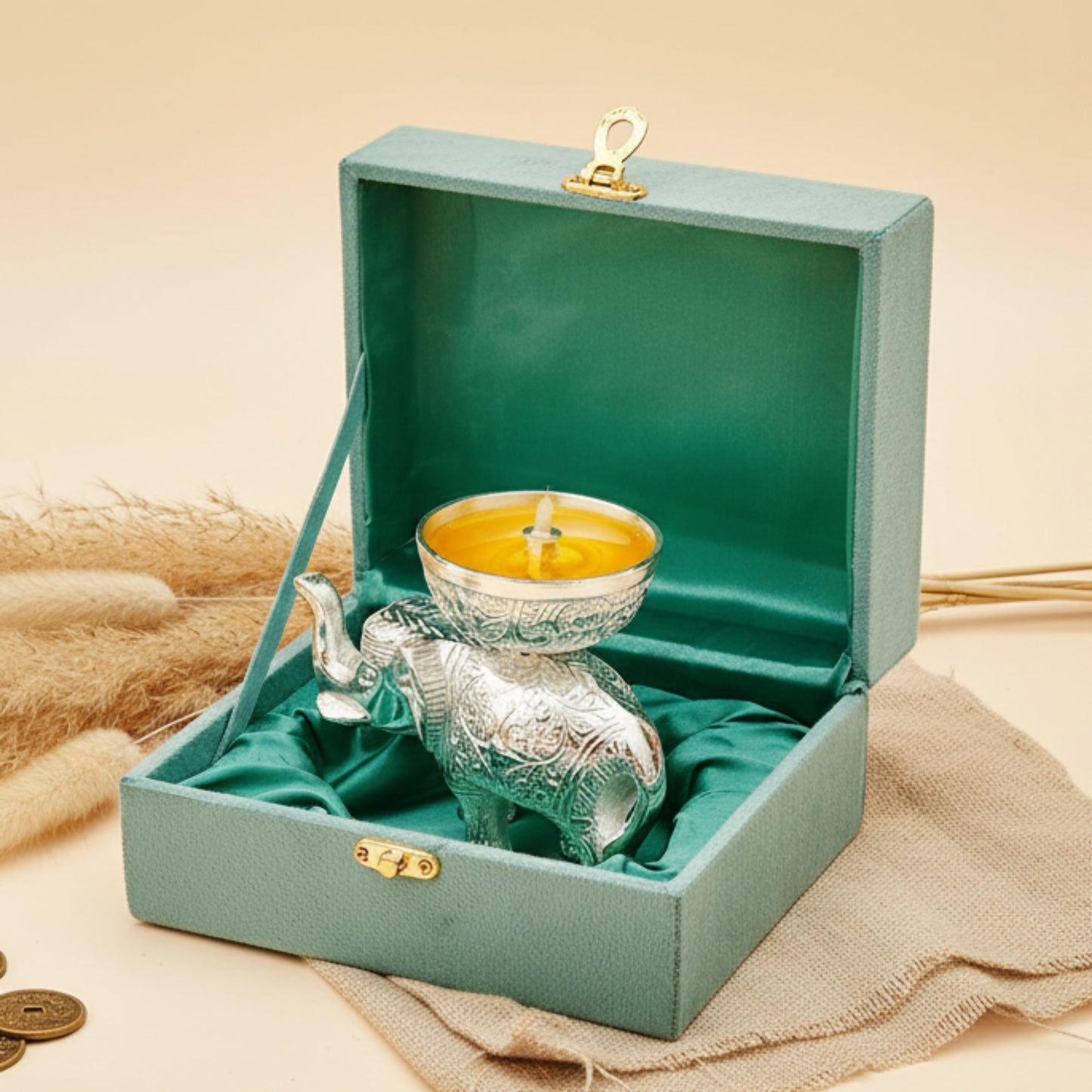 Silver-Plated Elephant Diya Candle Holder (Gift Box Set)