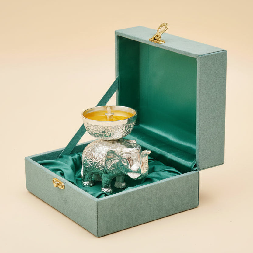 Silver-Plated Elephant Diya Candle Holder (Gift Box Set)