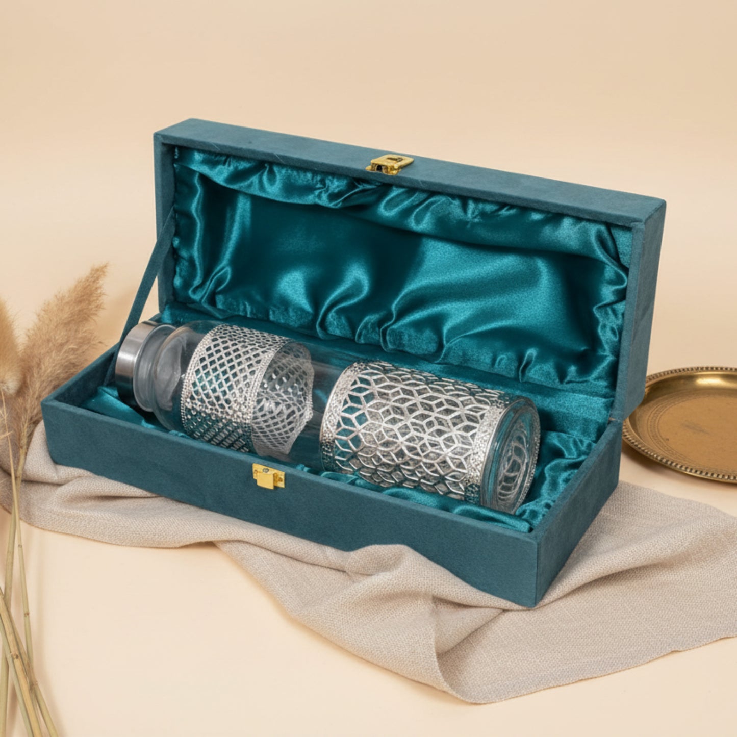 Silver-Plated Designer Glass Water Bottle with Velvet Gift Box