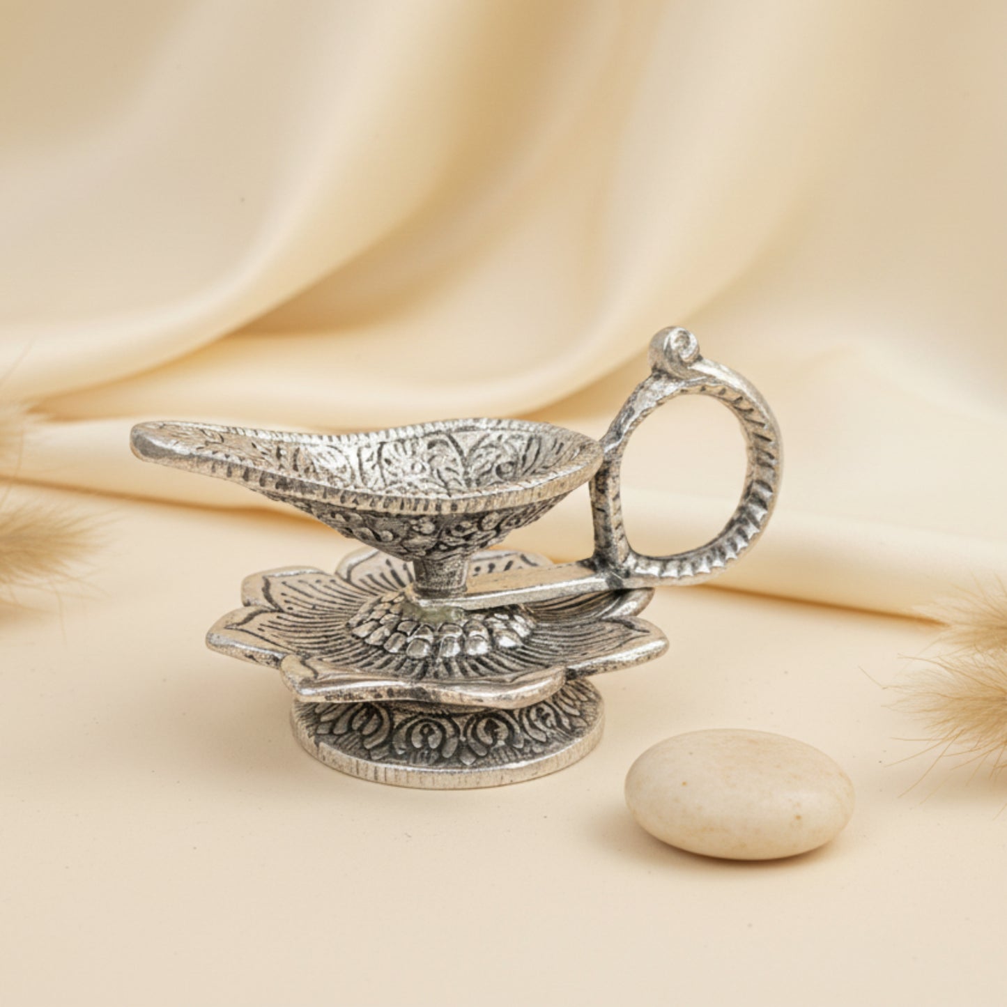 Silver-Plated Lotus Diya (Traditional Oil Lamp