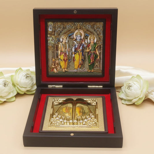 Decorative box with religious artwork on a beige background