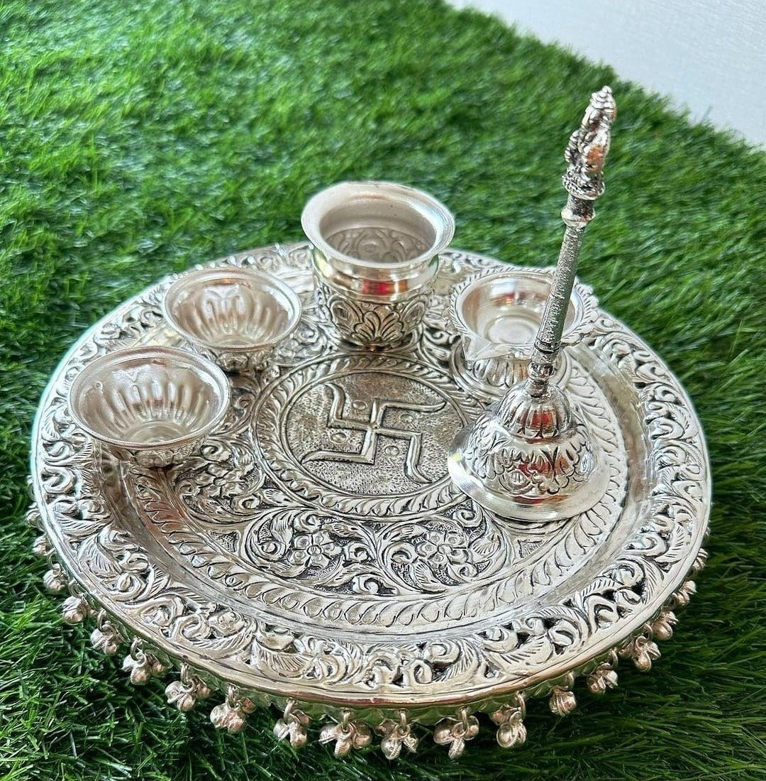Shimmering Auspiciousness: 99 Silver-Plated Nakshi Puja Thali Set