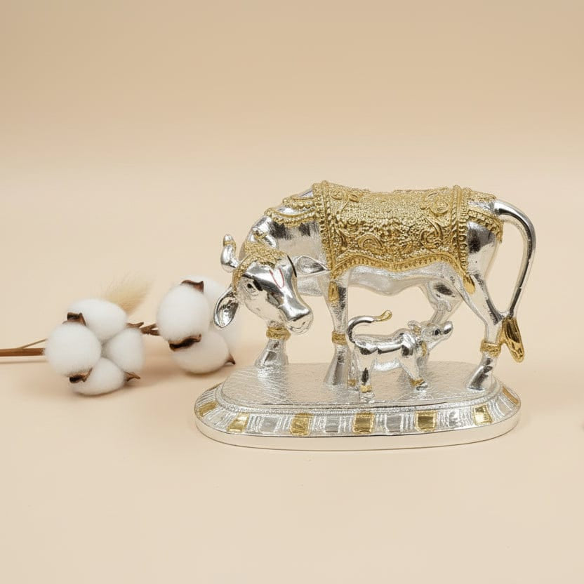Kamadhenu Blessing: Silver-Plated Cow & Calf Idol