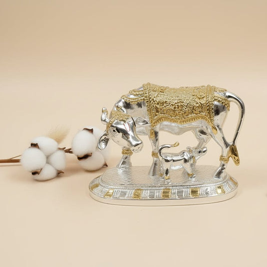 Kamadhenu Blessing: Silver-Plated Cow & Calf Idol