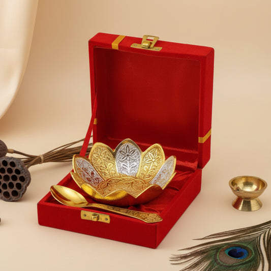 Silver–Gold Lotus Pooja Bowl with Spoon – Premium Gift Box Set