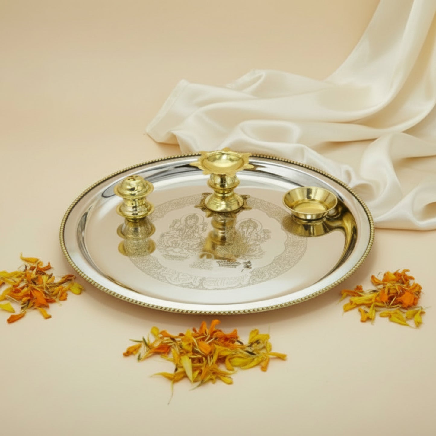 Silver Plated Lakshmi Ganesh Engraved Pooja Thali Set