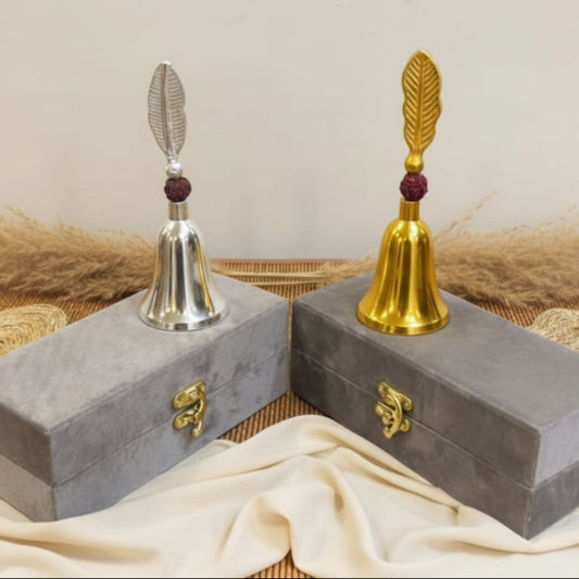 Metal Temple Meditation Bell with Leaf Handle – Pair (Gold & Silver) – Velvet Gift Box Set