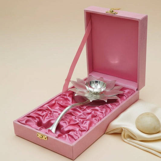 Silver Lotus Aarti Diya with Handle – Premium Pooja Lamp