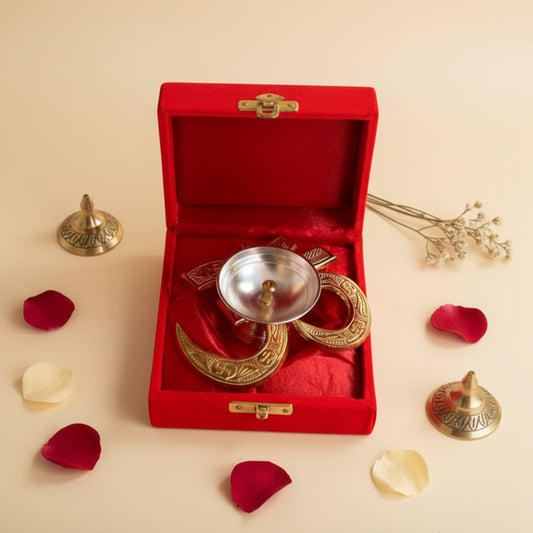 Om–Swastik Crescent Brass Pooja Diya with Stand