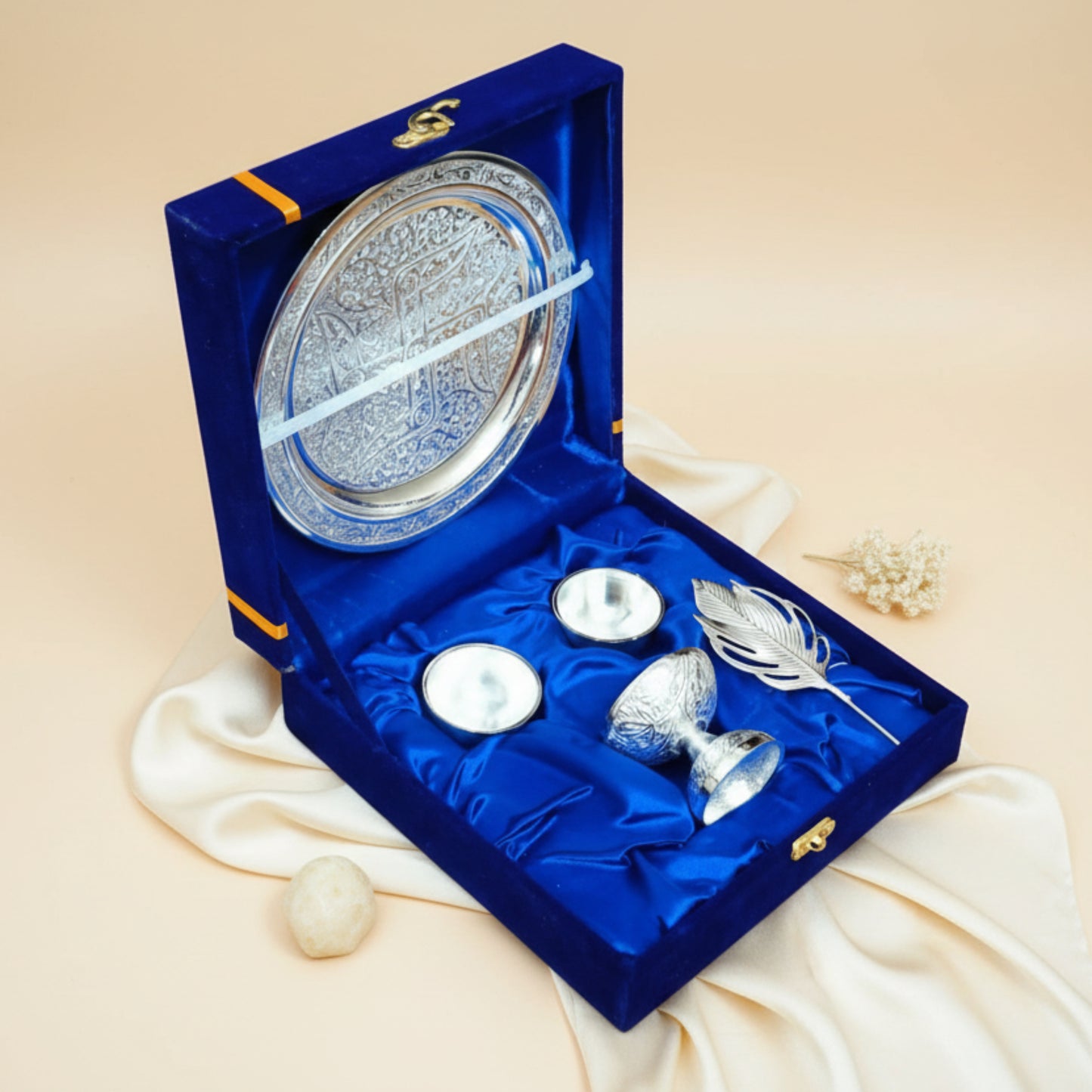 Silver Plated Designer Pooja Thali Set with Diya & Accessories