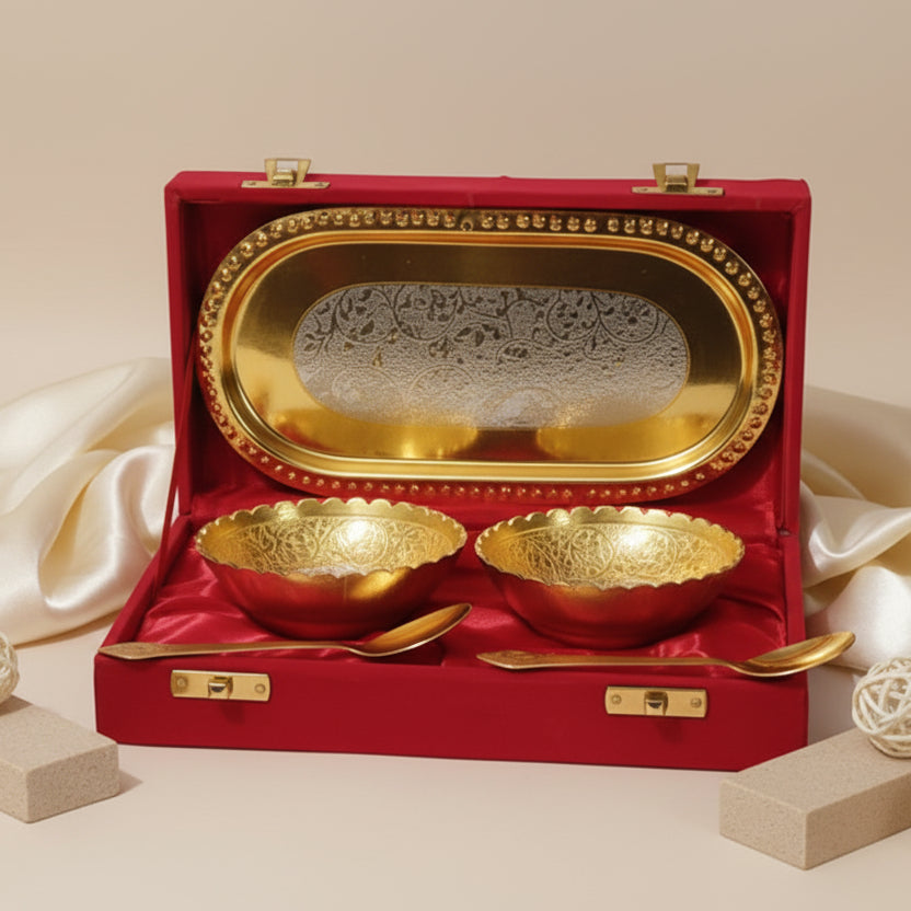 Gold-Plated Dry Fruit Serving Set (Tray with 2 Bowls & Spoons