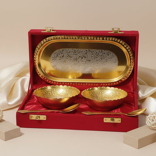 Gold-Plated Dry Fruit Serving Set (Tray with 2 Bowls & Spoons