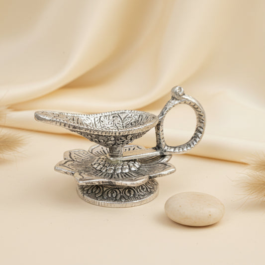 Silver-Plated Lotus Diya (Traditional Oil Lamp
