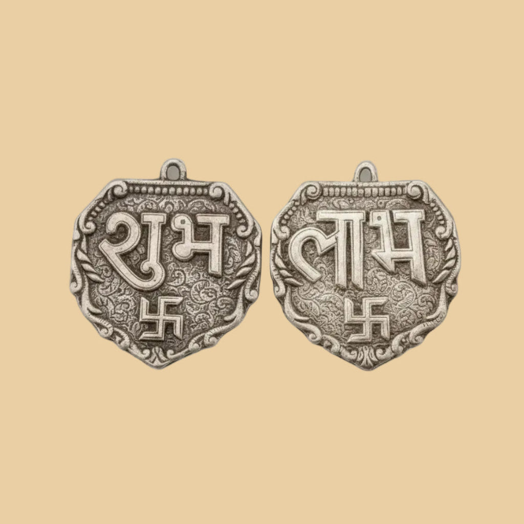 Shubh Labh Dwarika – 99% Silver-Plated Auspicious Wall Plaque Set